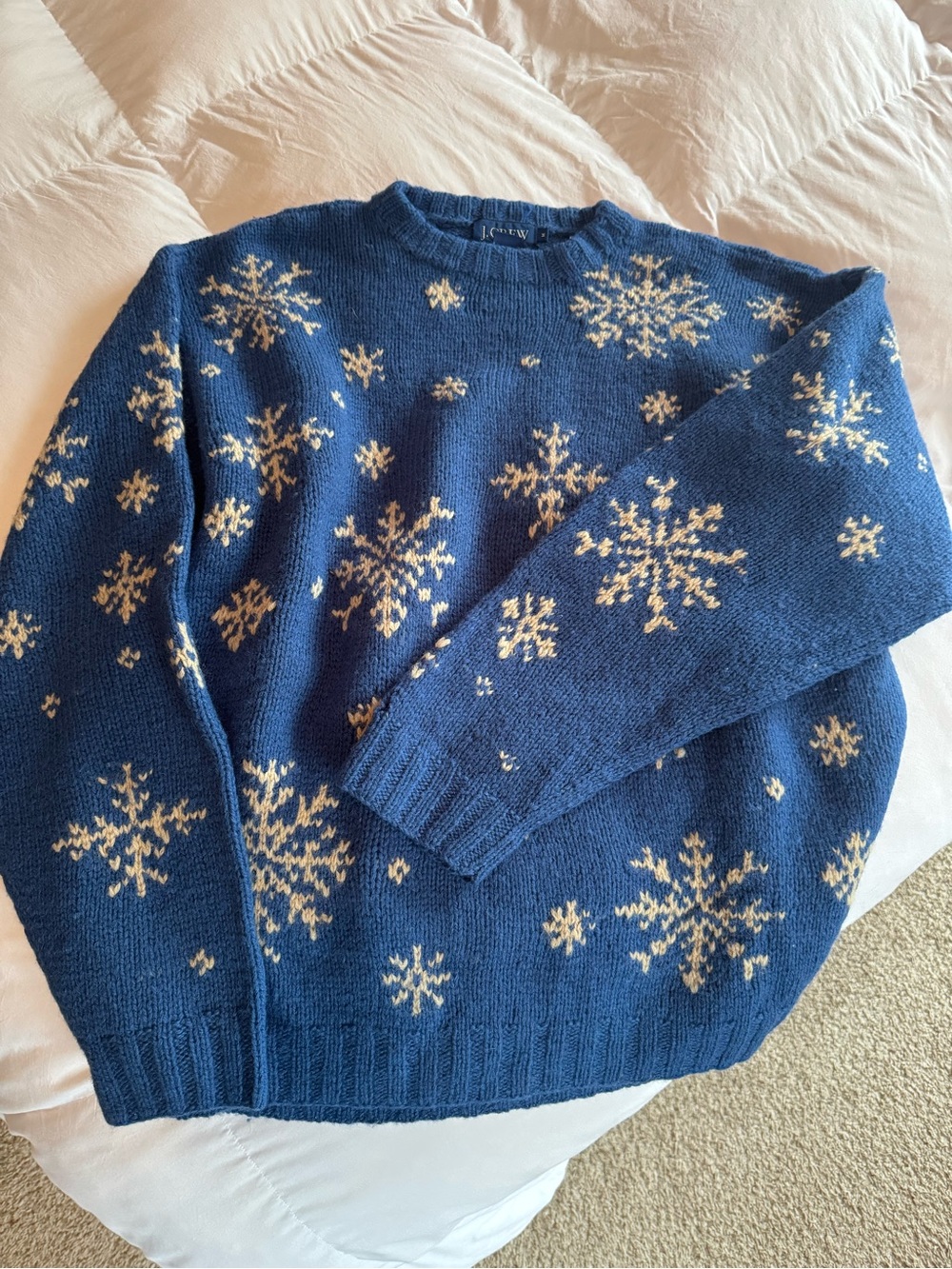 J. Crew womens Blue Crewneck Sweater with Cream Snowflake Pattern